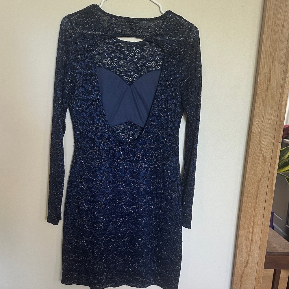 Express Navy Lace Long Sleeve Dress w Open Back